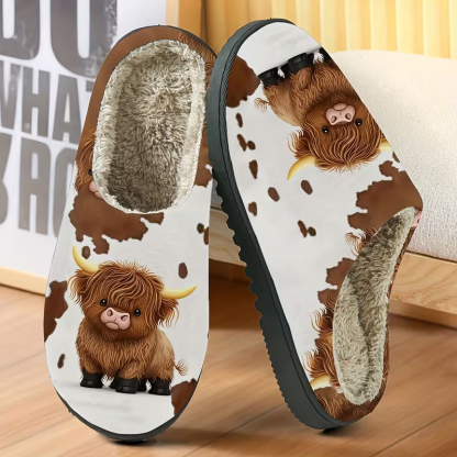 Women's Cozy Fleece-Lined Highland Cow Slippers Slip-On House Shoes for Holiday Gifts