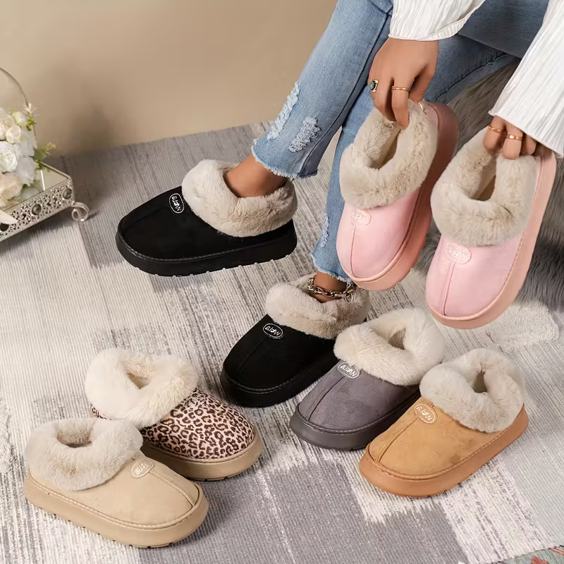 Women's Comfortable Warm Fleece-Lined Thickened Cold-Proof Soft Sole Slip-On House Slippers Indoor/Outdoor Shoes