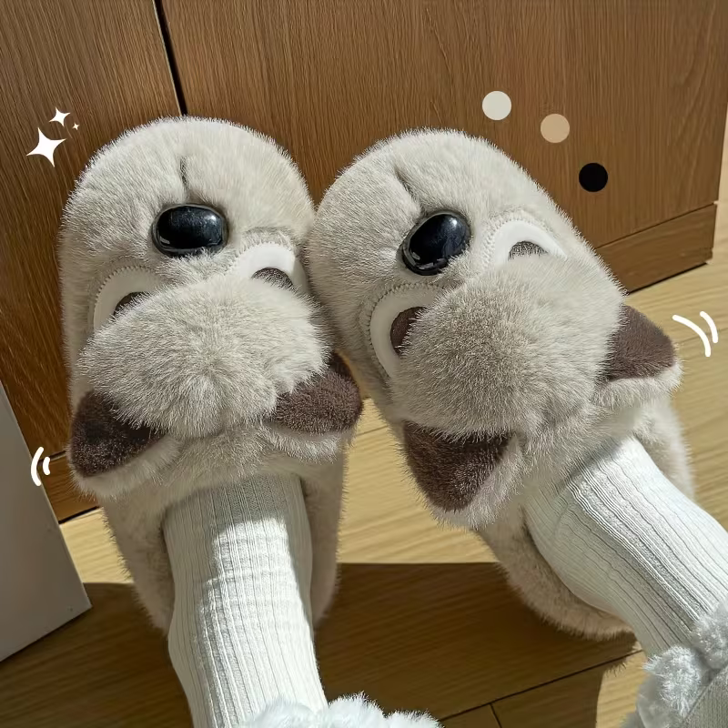 Women's Plush Cute Pomeranian Dog Design Winter Non-Slip Slippers