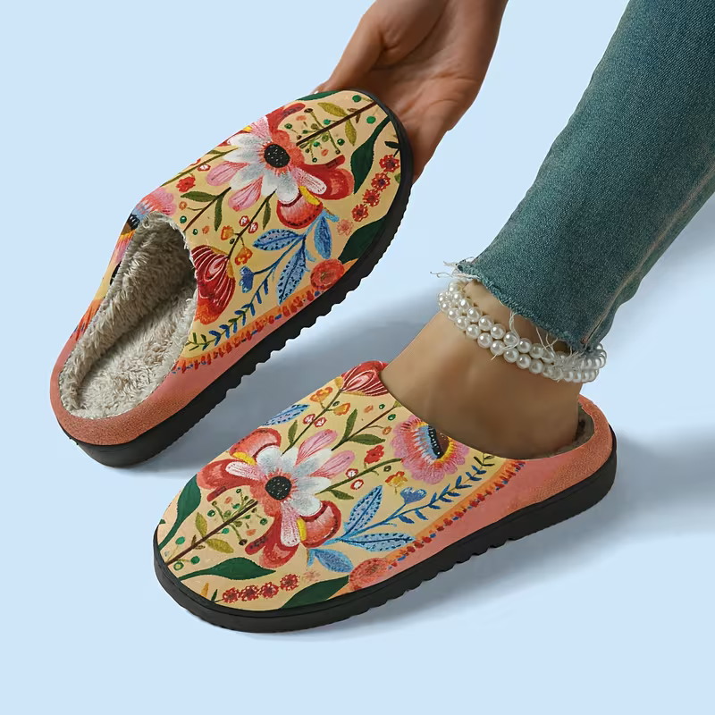 Women's Cozy Plush Vibrant Floral Design Slippers Indoor/Outdoor Shoes