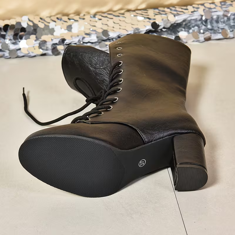 Women's Fashion Lace-Up Mid-Calf Chunky Heel Boots