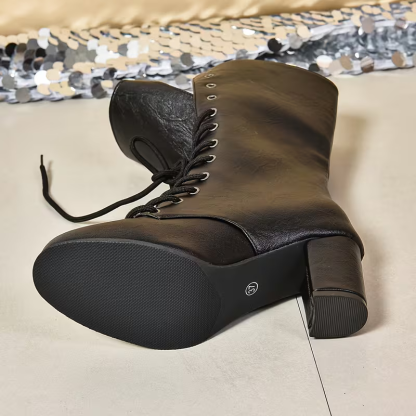 Women's Fashion Lace-Up Mid-Calf Chunky Heel Boots