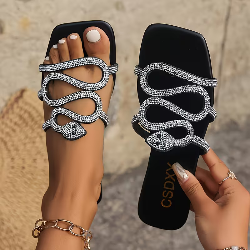 Women's Fashion & Elegant Snake-Shaped Rhinestone Summer Flat Slippers