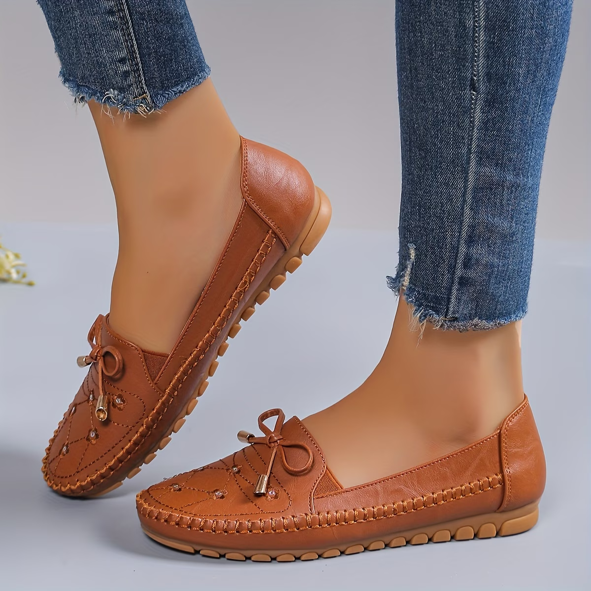 Women's Lightweight & Comfortable Bow-decorated Leather Flat Penny-loafer Slip-on Shoes