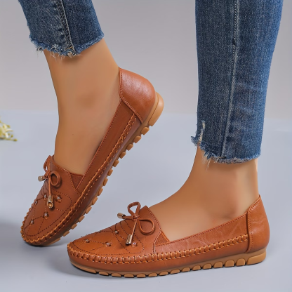 Women's Lightweight & Comfortable Bow-decorated Leather Flat Penny-loafer Slip-on Shoes