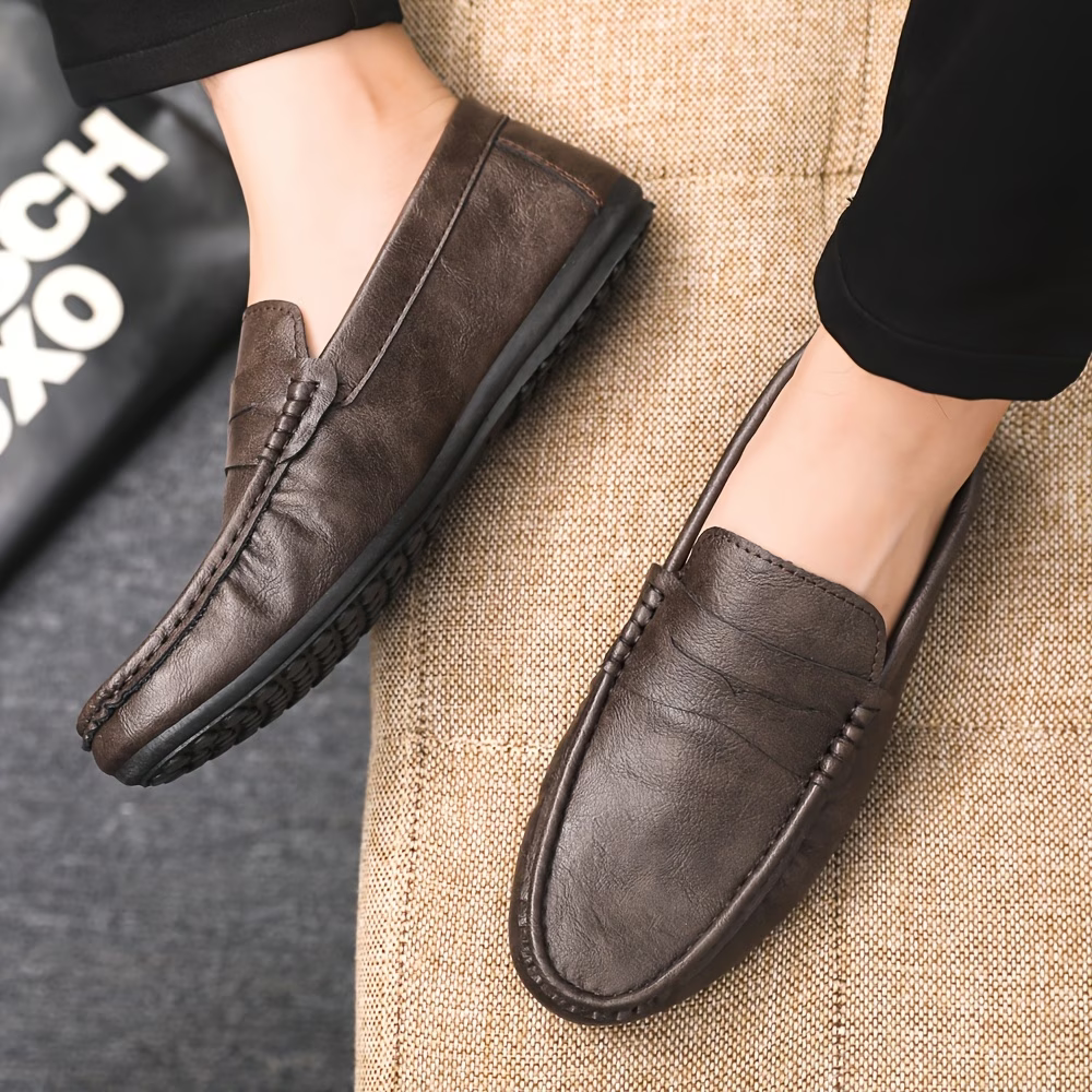 Men's British Style Soft & Comfortable & Lightweight Leather Slip-On Loafers Business Flat Shoes