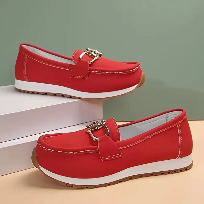 Womens Stylish & Comfortable Slip-On Loafers with Shiny Metallic Buckle