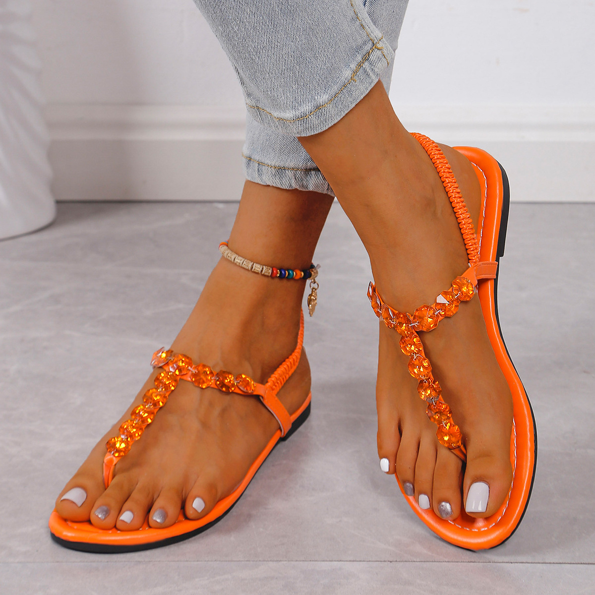 Women's Rhinestone Crystal Elastic Slingback Thong Flat Summer Sandals