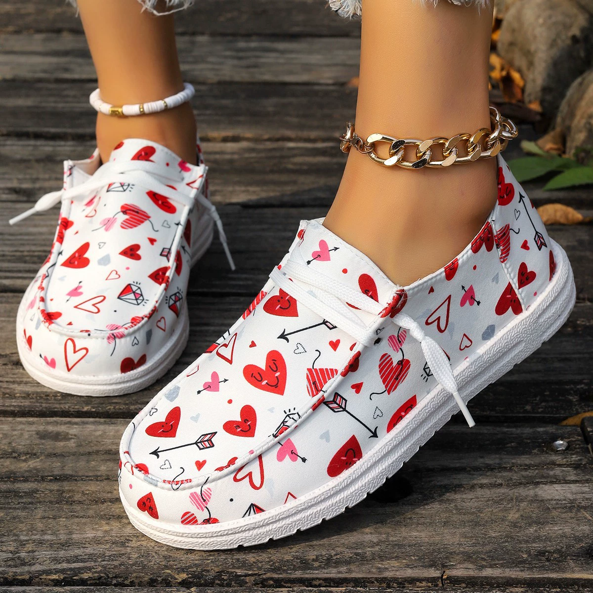 Women's Lightweight Heart Print Slip‑On Loafers Walking Shoes