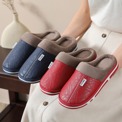 Unisex Warm Waterproof Non‑Slip Leather Winter Slippers Indoor House Shoes