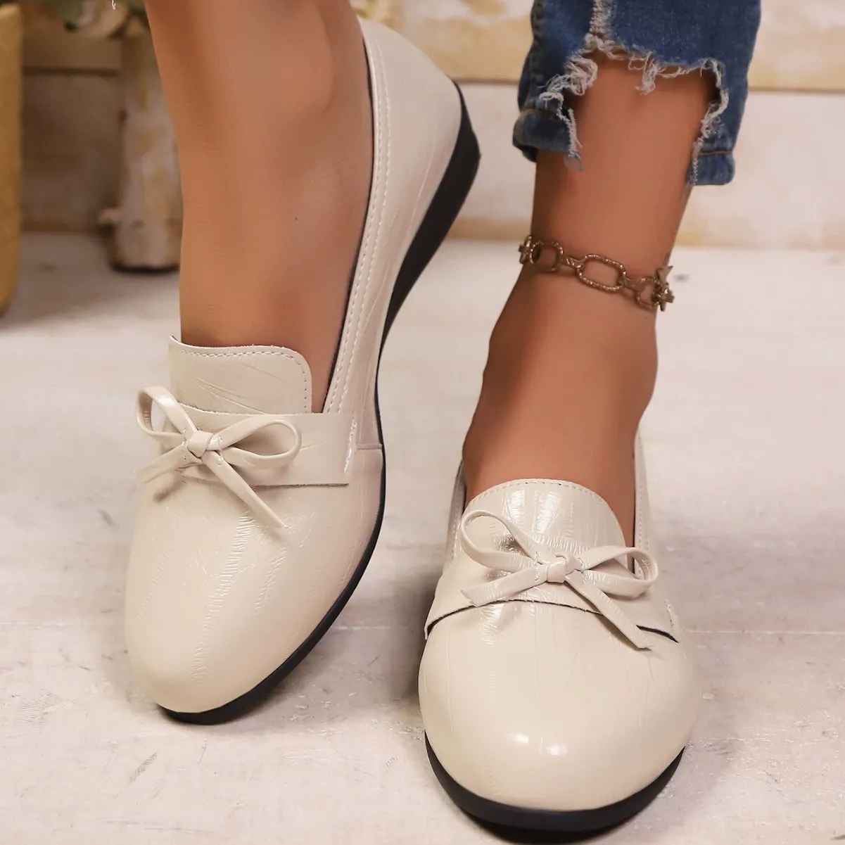 Women's Bow Wedge Loafers Roomy Wide Fit Slip‑On Shoes