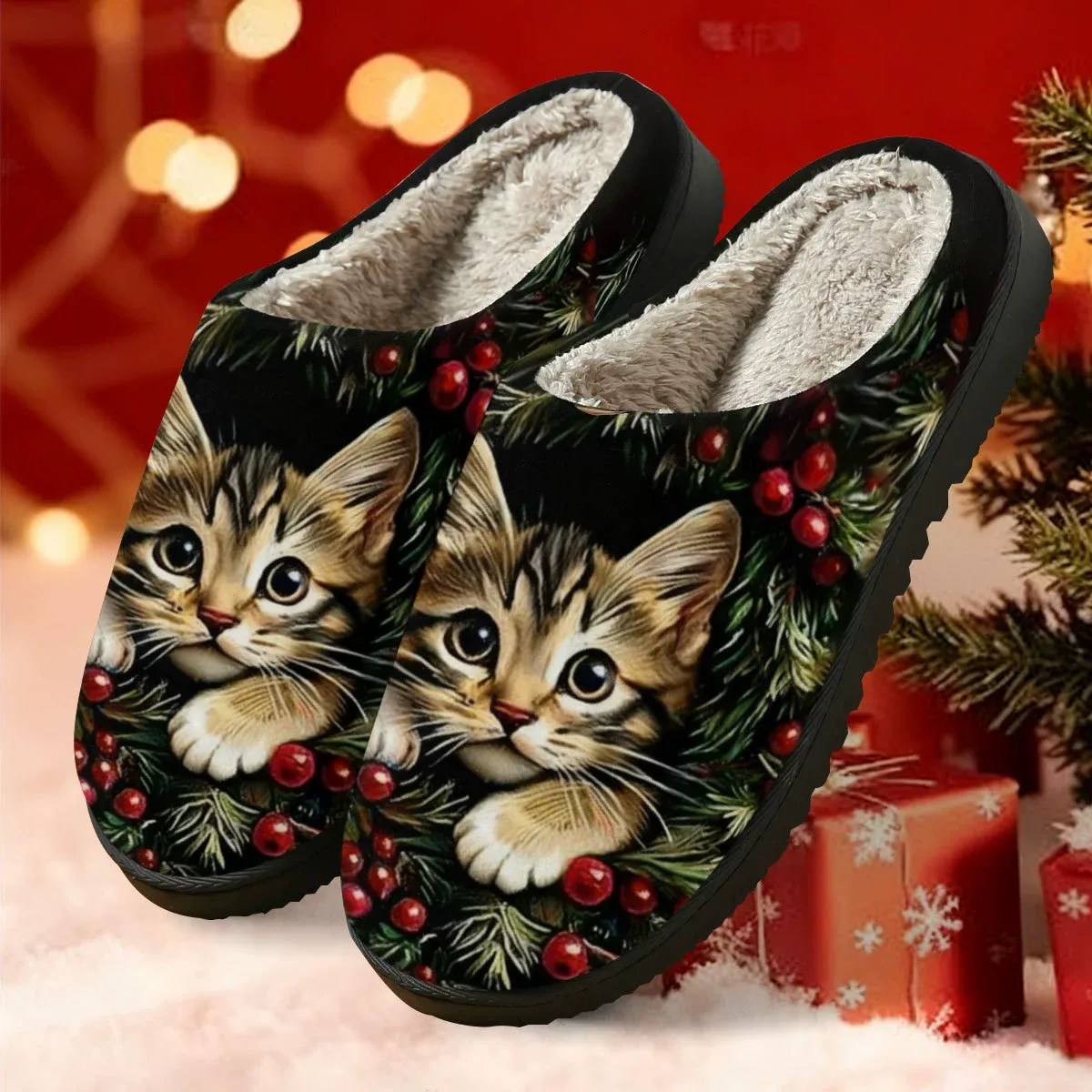 Christmas Kitten Print Fuzzy House Slippers