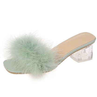 Women's Fashion Faux Fur Decor Chunky Heel Sandals Summer Slip-On Sandals