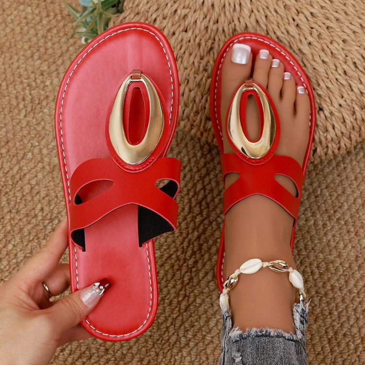 Women's Metal Buckle Non-slip Flat Flip-flops for Leisure and Vacation