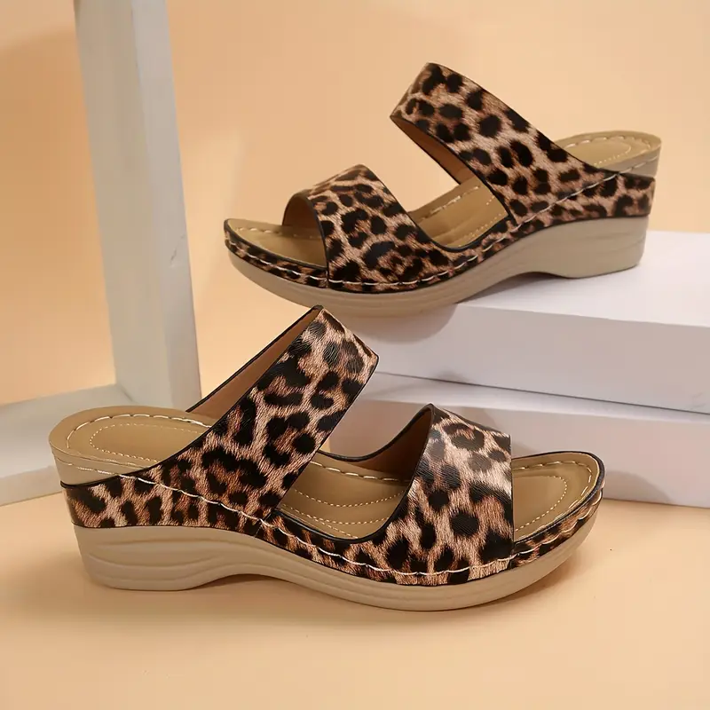 Women's Leopard Print Wedge Slide Sandals