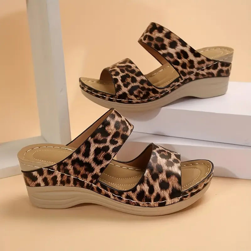 Women's Leopard Print Wedge Slide Sandals