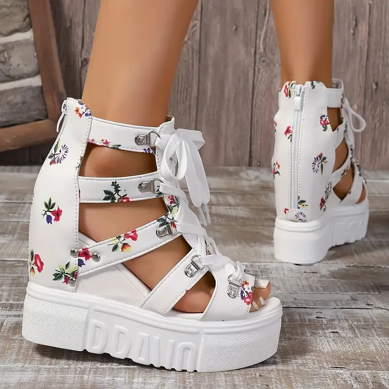 Women's Floral Hollow Vintage Wedge Platform Sandals Holiday Shoes