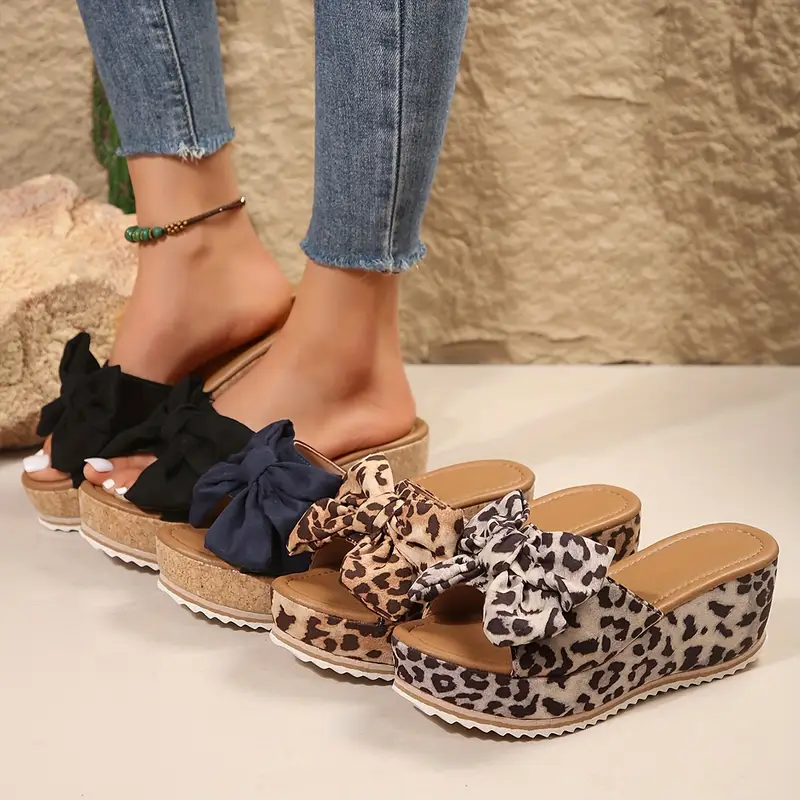 Women's Soft Sole Bowknot Decor Leopard Print Slip-On Platform Sandals