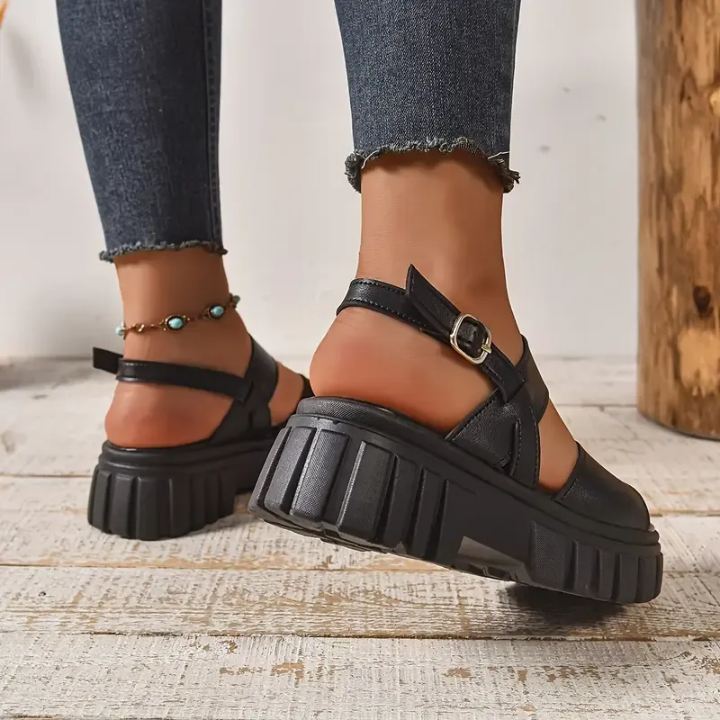 Women's Stylish Comfortable Black Leather Platform Sandals