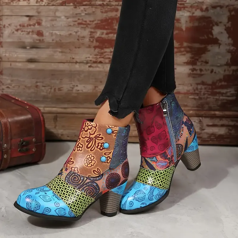 Women's Bohemian Floral Pattern Chunky Boots