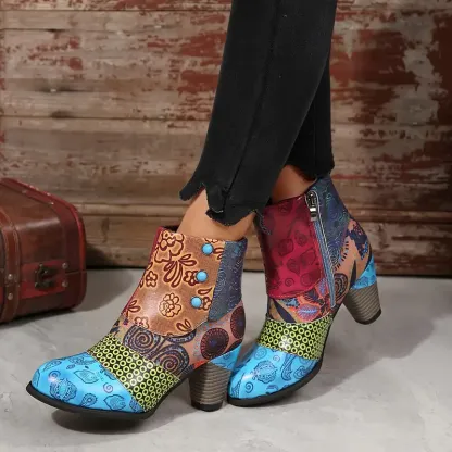 Women's Bohemian Floral Pattern Chunky Boots