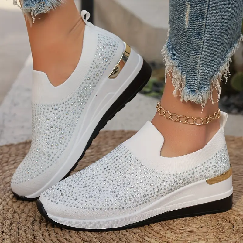 Women's Rhinestone Decor Platform Sneakers Slip-On Outdoor Shoes