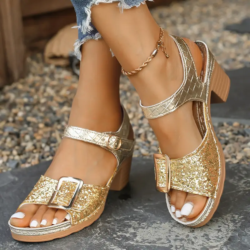 Women's Glittery Chunky Heel Sandals with Adjustable T-Strap & Buckle Closure