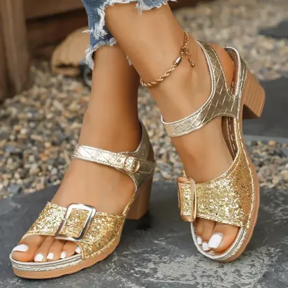 Women's Glittery Chunky Heel Sandals with Adjustable T-Strap & Buckle Closure