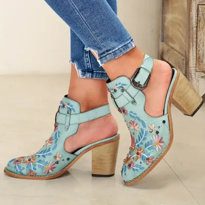 Women's Stylish Floral Vintage Style Chunky Heel Ankle Boots Sandals