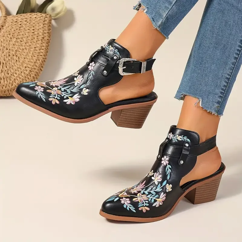 Women's Stylish Floral Vintage Style Chunky Heel Ankle Boots Sandals