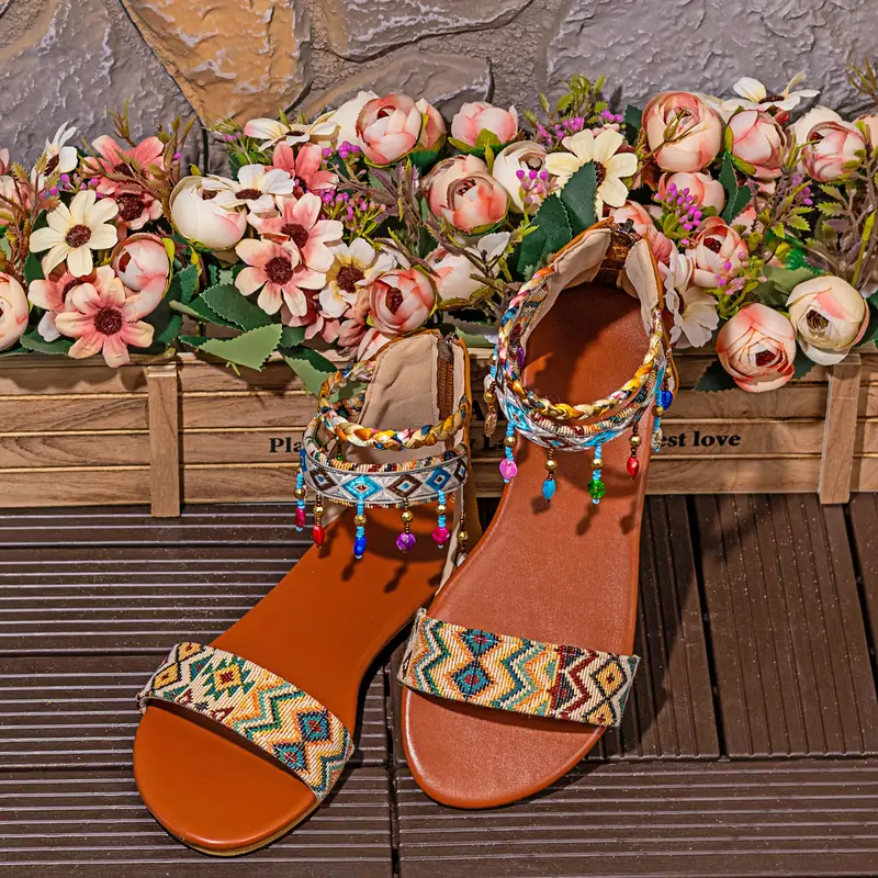 Handmade Bohemian Roman Sandals with Colorful Beads Ankle Straps