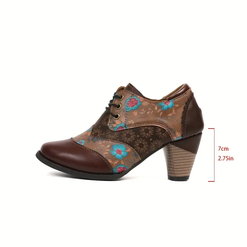 Women's Floral Bohemian Lace-Up Round-Toe Block Heel Ankle Boots