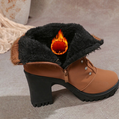 Women's Fashionable Rhinestone Fleece Lining Waterproof and Non-slip Chunky-heeled Boots