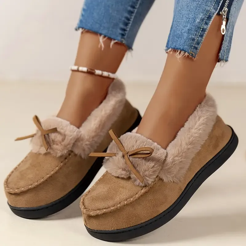Women's Thermal Long-Pile Indoor/Outdoor Shoes Slippers Bow Slip-Ons