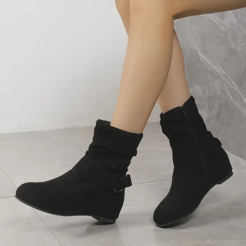 Women's Slouchy Ankle Boots, Solid Color Round Toe Side Zipper Short Boots, Comfortable Flat Boots