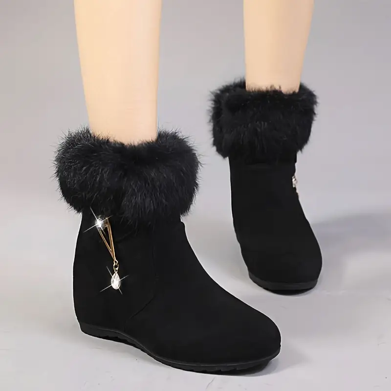 Women's Stylish & Elegant Rhinestone Accents Slip-On Wedge Heel Boots