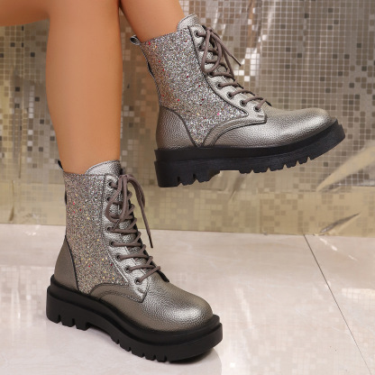 Women's New Sequined Lace-up Platform Martin boots Round-toed Short Boots