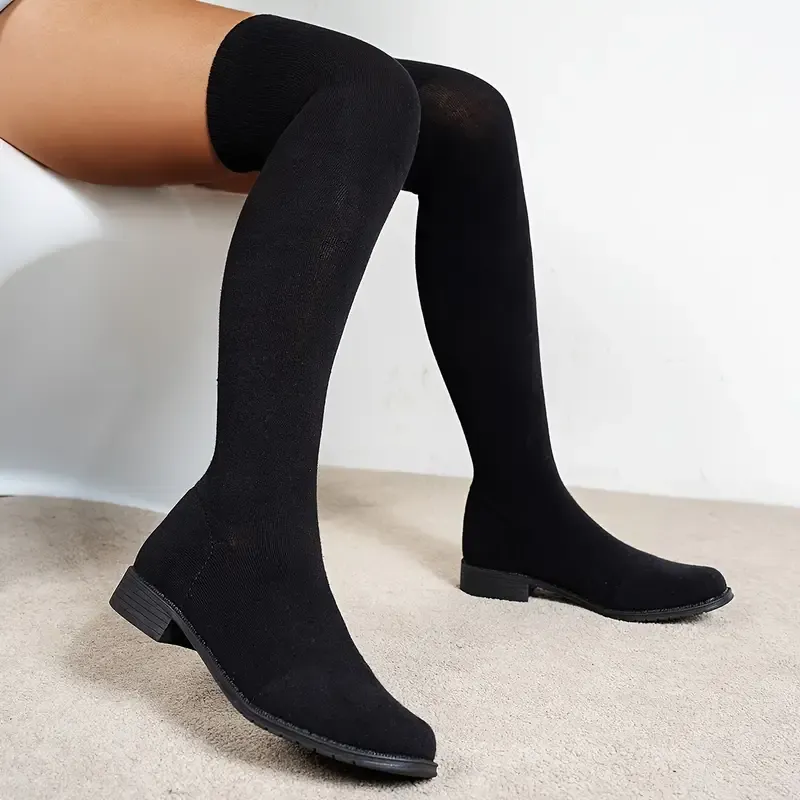 New Style Elastic Versatile Knee-High Boots Flat Slimming Boots for Women