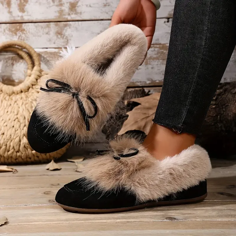 Women's Cozy Non-Skid Plush Slip-On Slippers with Bow Winter Indoor/Outdoor House Shoes