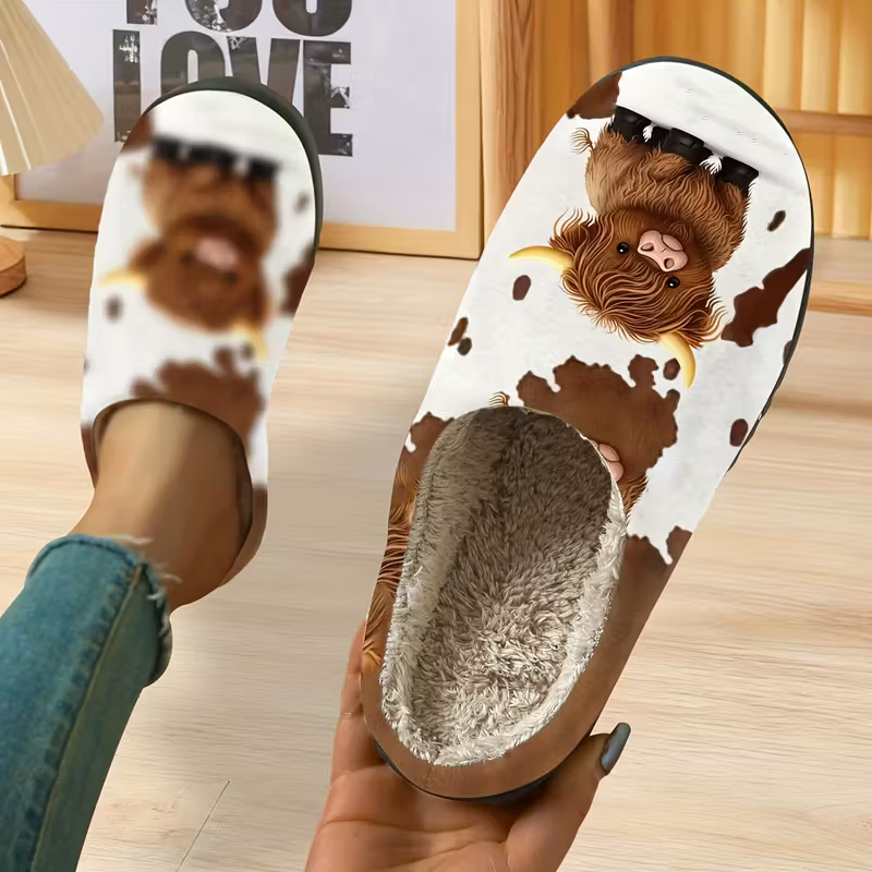 Women's Cozy Fleece-Lined Highland Cow Slippers Slip-On House Shoes for Holiday Gifts