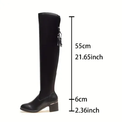 Women's Soft Leather Over-the-Knee (OTK) Boots Winter Slip-On Chunky Block Heel Boots