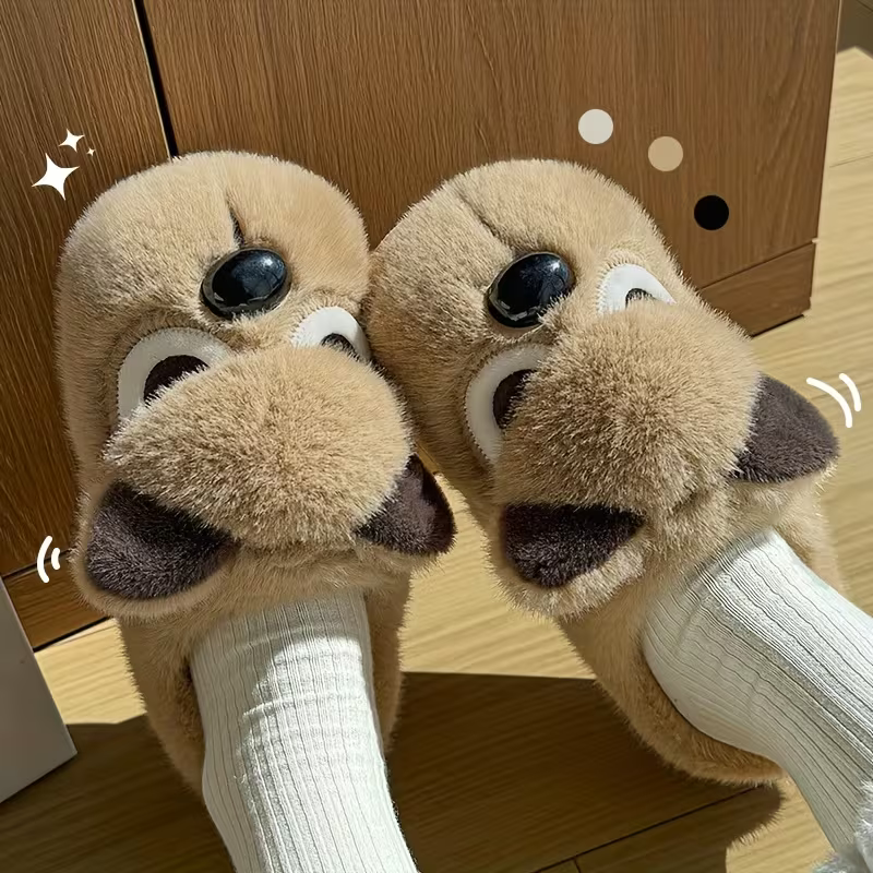 Women's Plush Cute Pomeranian Dog Design Winter Non-Slip Slippers