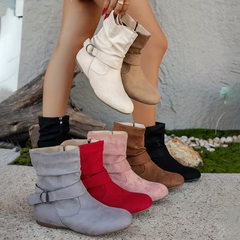 Women's Chic Low Heel Ankle Boots with Side Zipper & Buckle Detail