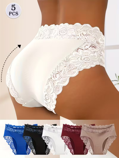 5pcs Women's Stylish & Elegant Floral Patterns Lace Trim Triangle Panties Breathable Mid-Rise Underwear