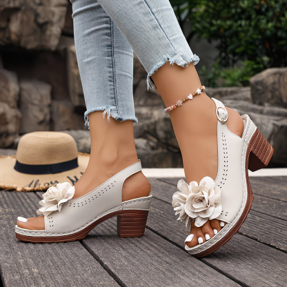 Women's Stylish Elegant Versatile Flower Chunky Heel Sandals