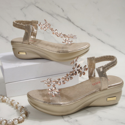 Women's Fashion Flower Rhinestone Elastic Band Platform Wedge Sandals