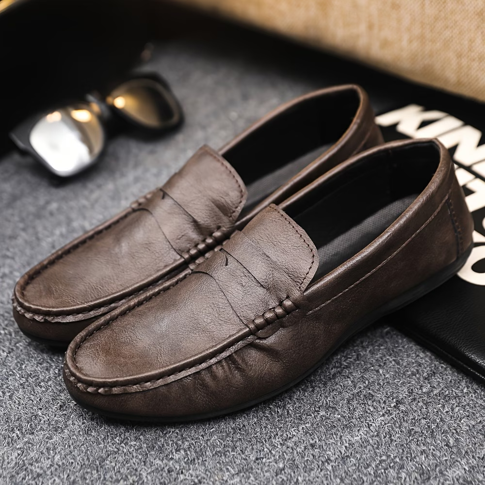 Men's British Style Soft & Comfortable & Lightweight Leather Slip-On Loafers Business Flat Shoes