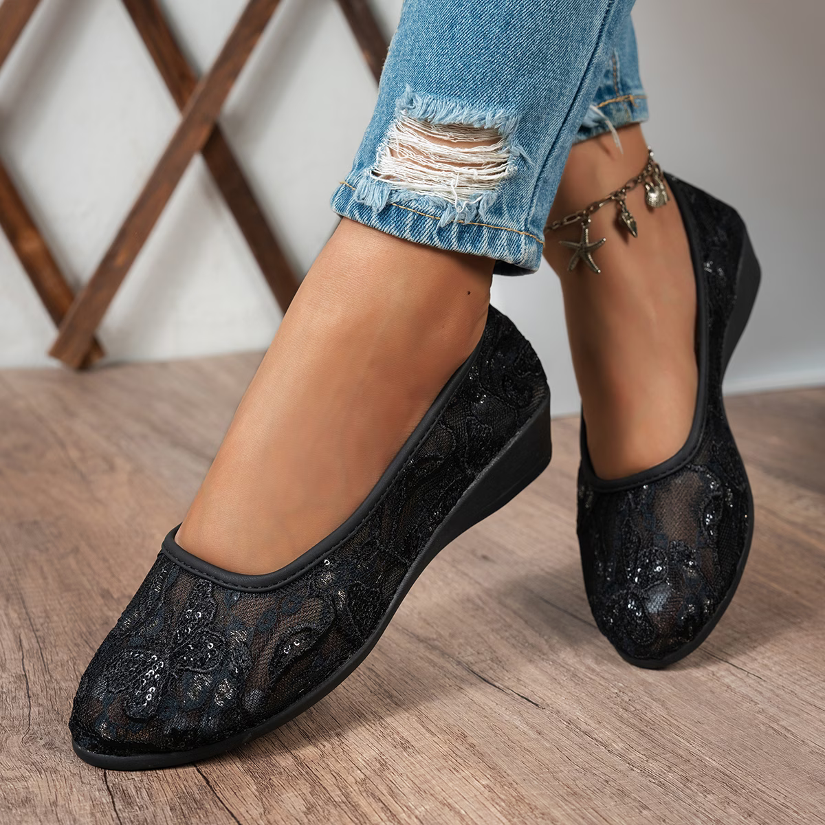 Women's Lace Breathable Mesh Slip-On Wedge Shoes