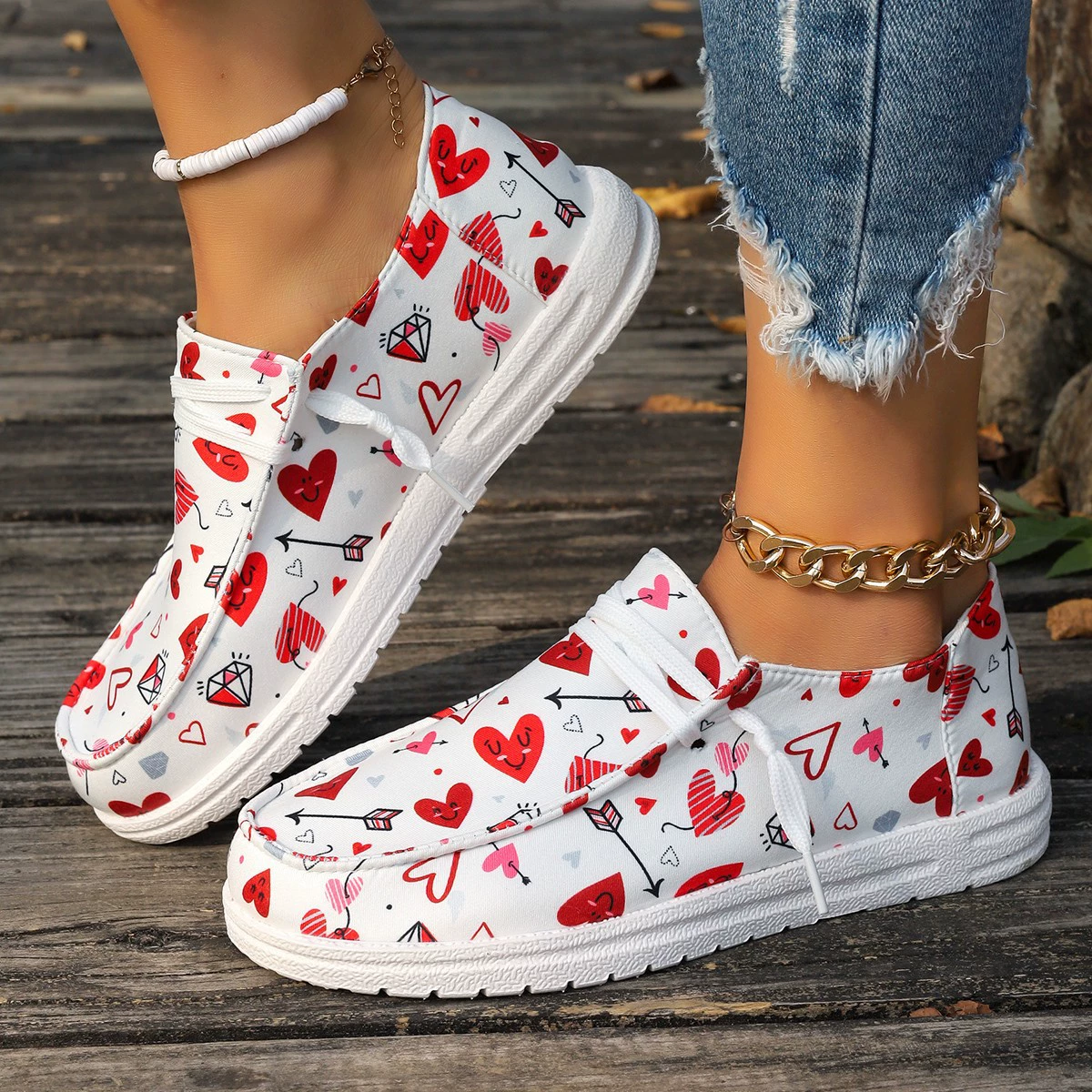 Women's Lightweight Heart Print Slip‑On Loafers Walking Shoes