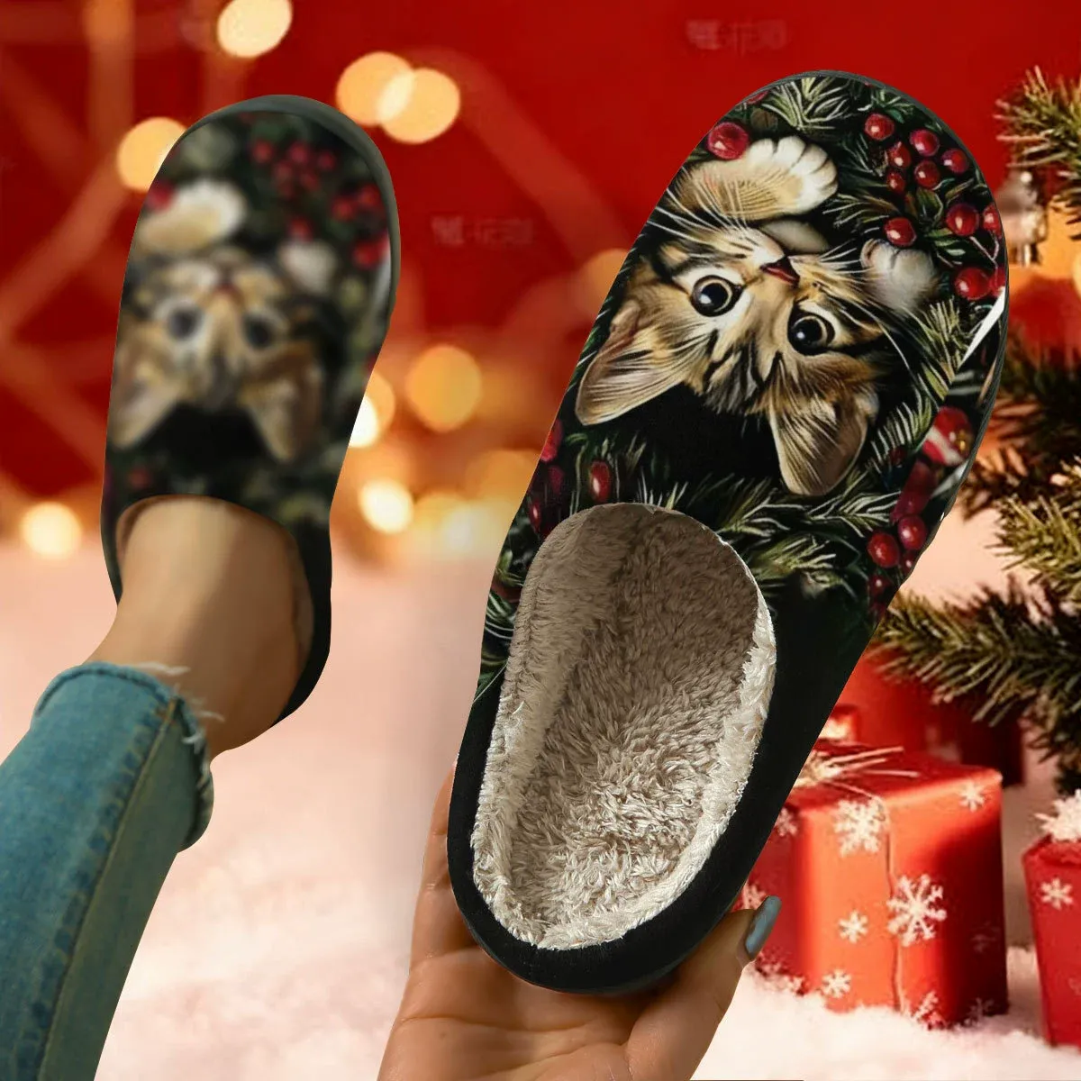 Christmas Kitten Print Fuzzy House Slippers